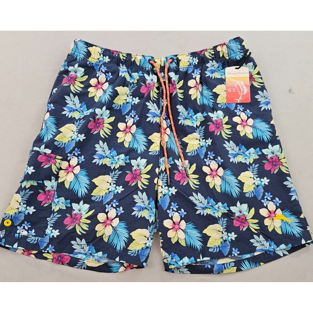 Tommy Bahama Relax Swim Trunks Mens M Navy Floral Cargo Pockets Board Shorts